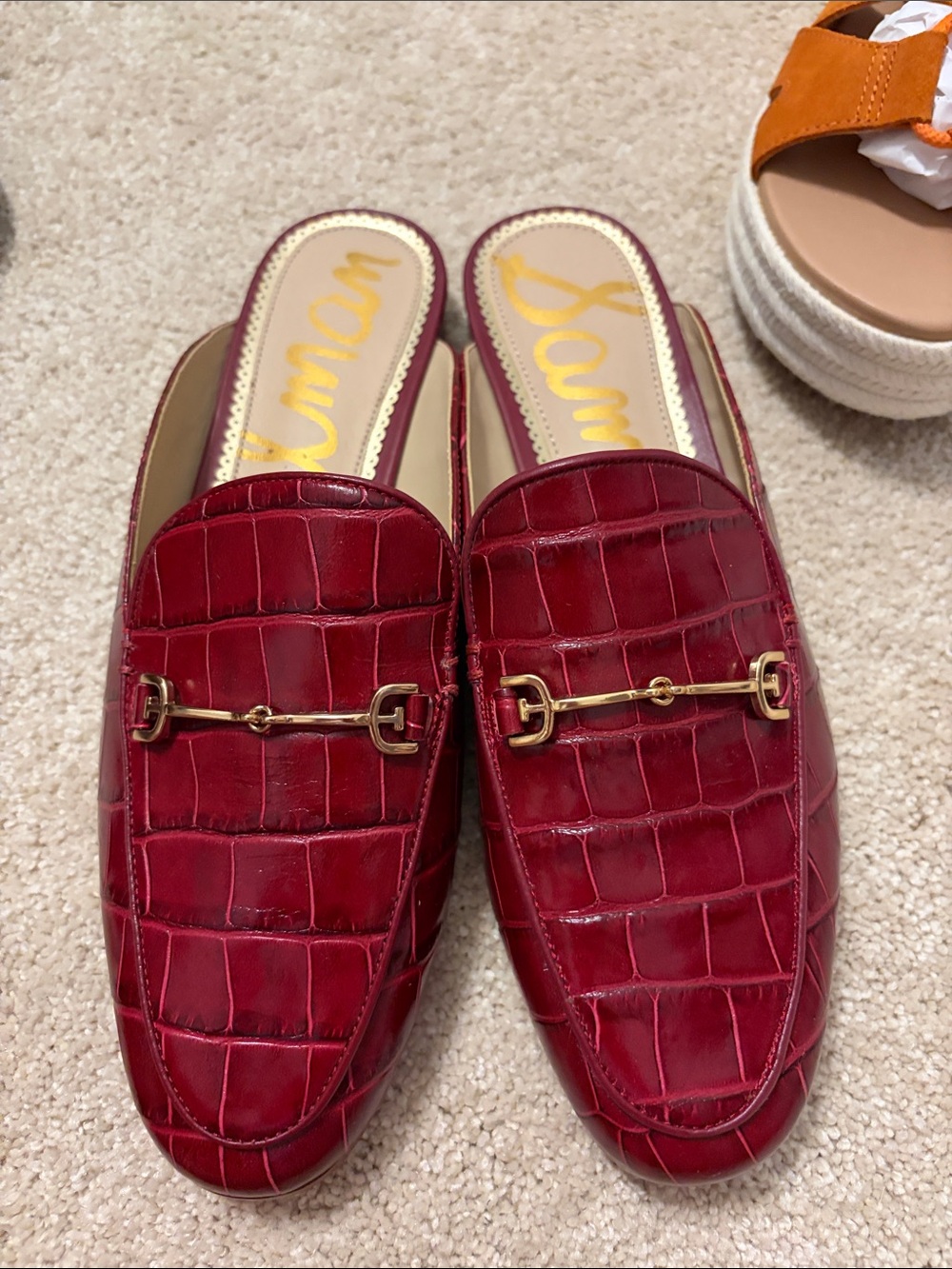 Sam Edelman Burgundy Croc-Embossed Leather Slip-On Mules with Gold Bit